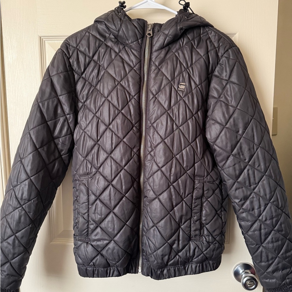 G-Star Quilted Hooded Puffer Jacket in Charcoal Gray